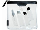 Набор для ручной клади в самолет: прозрачная сумка на молнии, пластиковые бутылки 2 х 50 мл, 1 х 80 мл, пульверизатор, воронка.
