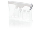 Набор для ручной клади в самолет: прозрачная сумка на молнии, пластиковые бутылки 2 х 50 мл, 1 х 80 мл, пульверизатор, воронка.